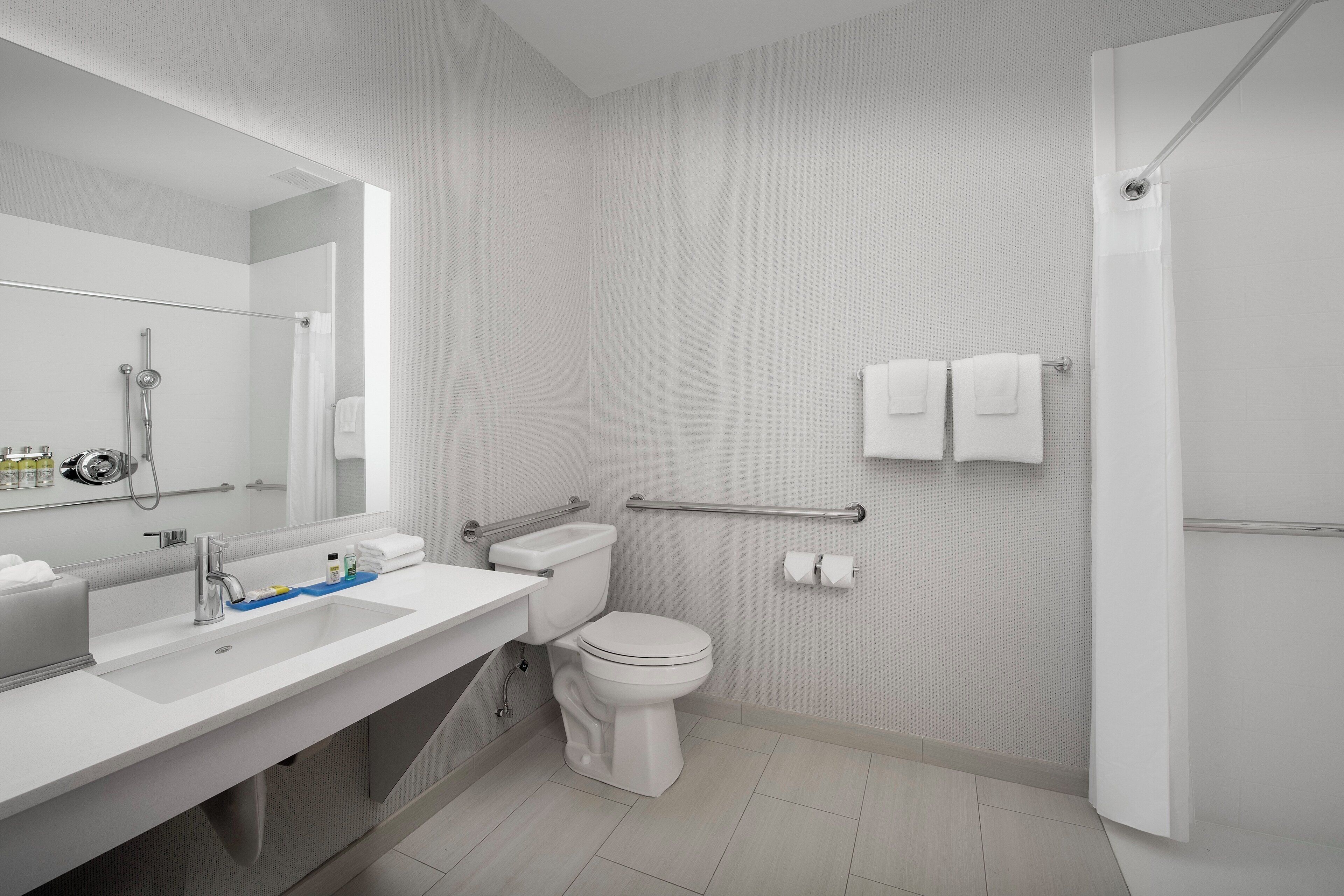 combined shower/bathtub, free toiletries, hair dryer, towels