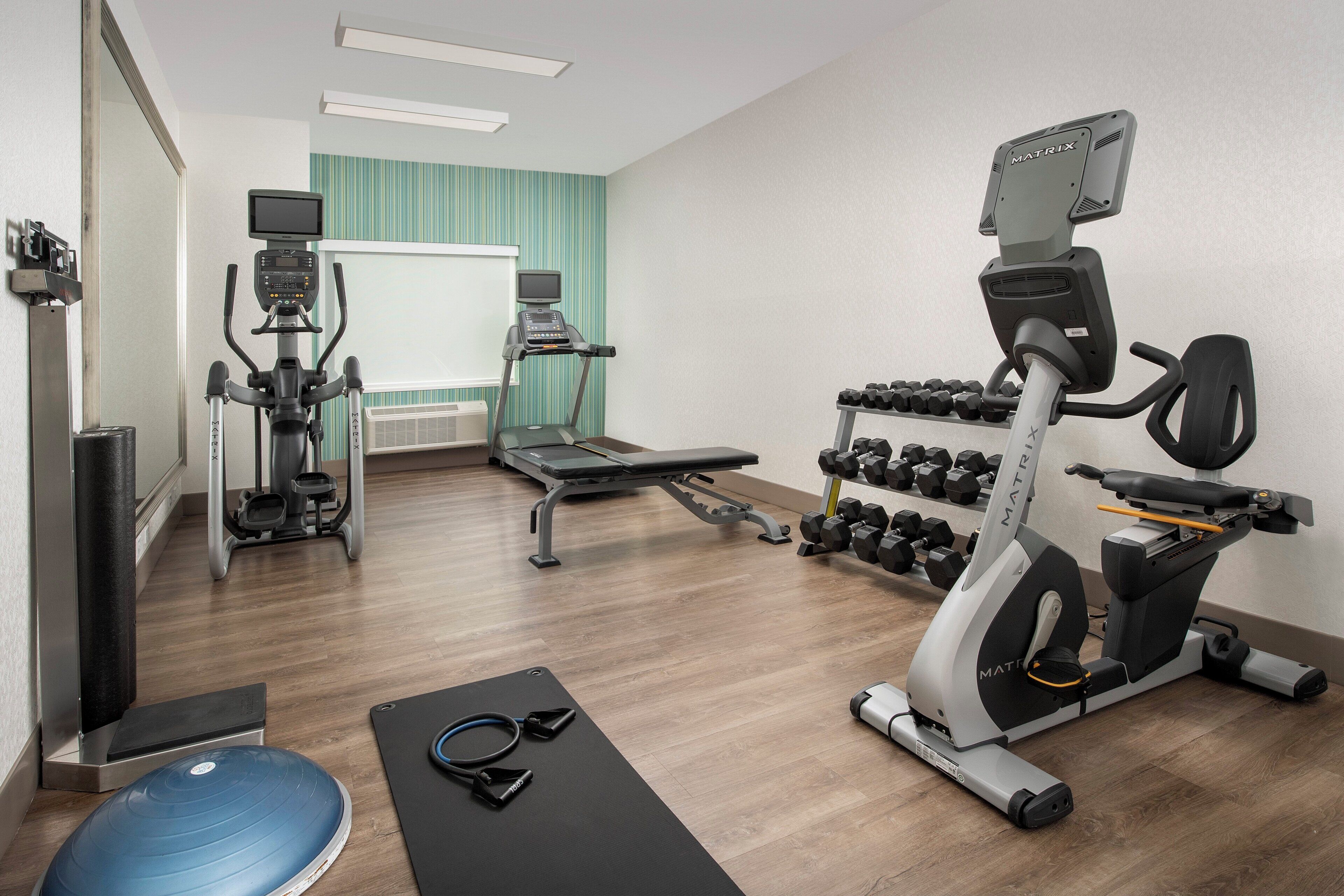 A gym with cardio equipment, dumbbells, and exercise mats.