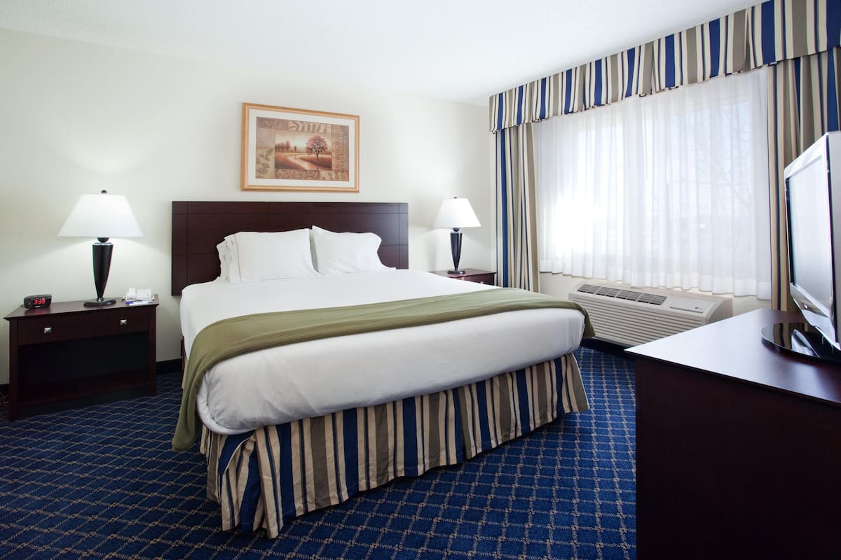 Habitación de hotel con una cama grande, dos mesitas de noche con lámparas, un televisor, un cuadro en la pared y una ventana con cortinas.