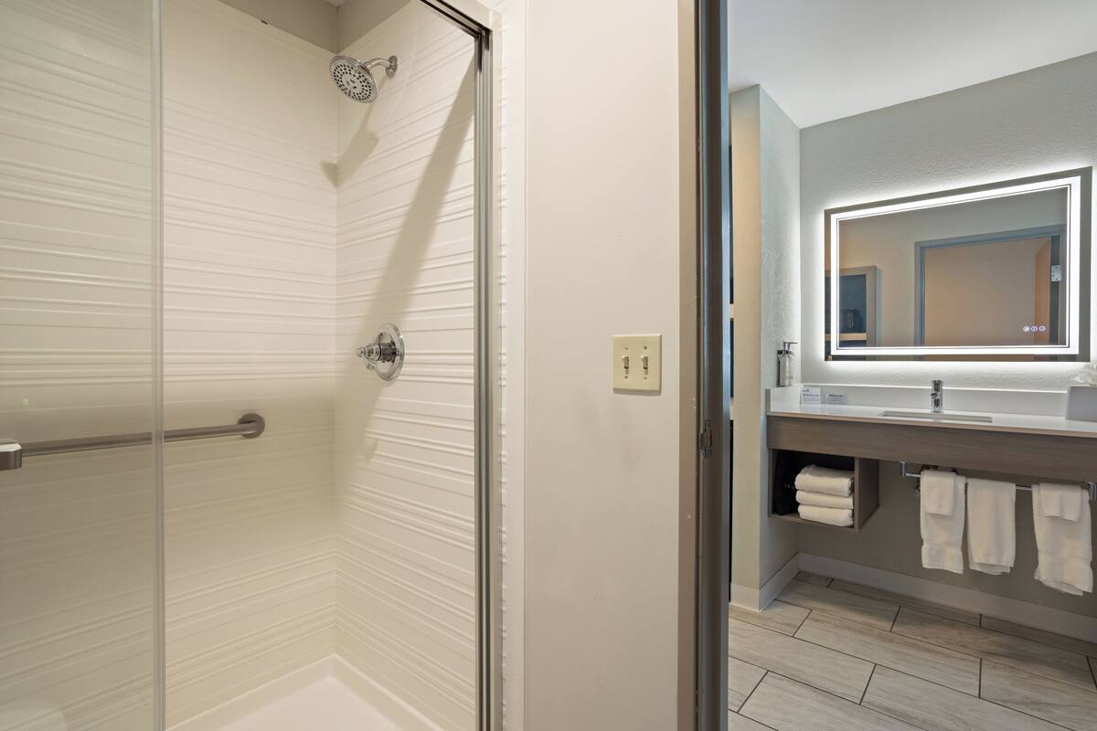A modern bathroom with a glass shower enclosure, a vanity with a mirror, and a towel rack.