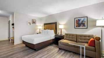 Una habitación de hotel con una cama, un sofá, una mesita de noche y una lámpara de pared.