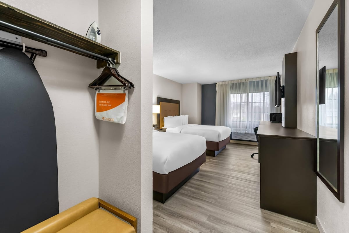 Standard Room, 2 Queen Beds, Non Smoking | Pillowtop beds, desk, iron/ironing board, free cribs/infant beds