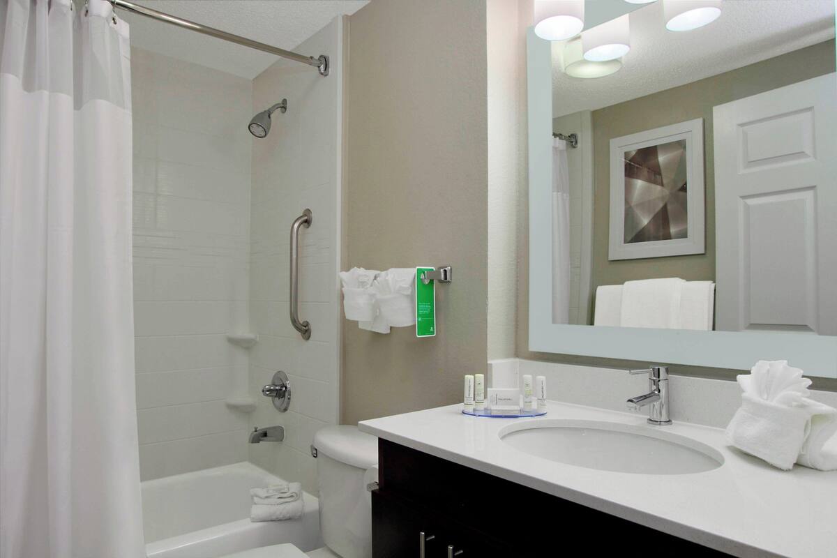 combined shower/bathtub, free toiletries, hair dryer, towels