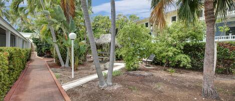 A paved pathway leading through a landscaped garden with palm trees and a thatched-roof structure.