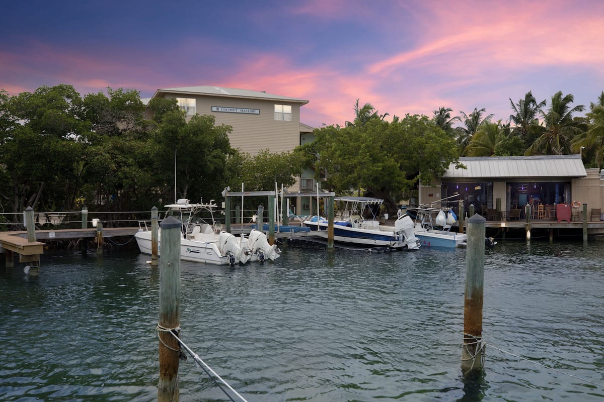 A marina with boats docked, a building labeled "Coconut Gallery," and a dock with chairs and tables.