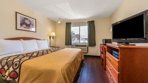 Una habitación de hotel con una cama, televisión, cómoda, ventana con cortinas y un cuadro en la pared.