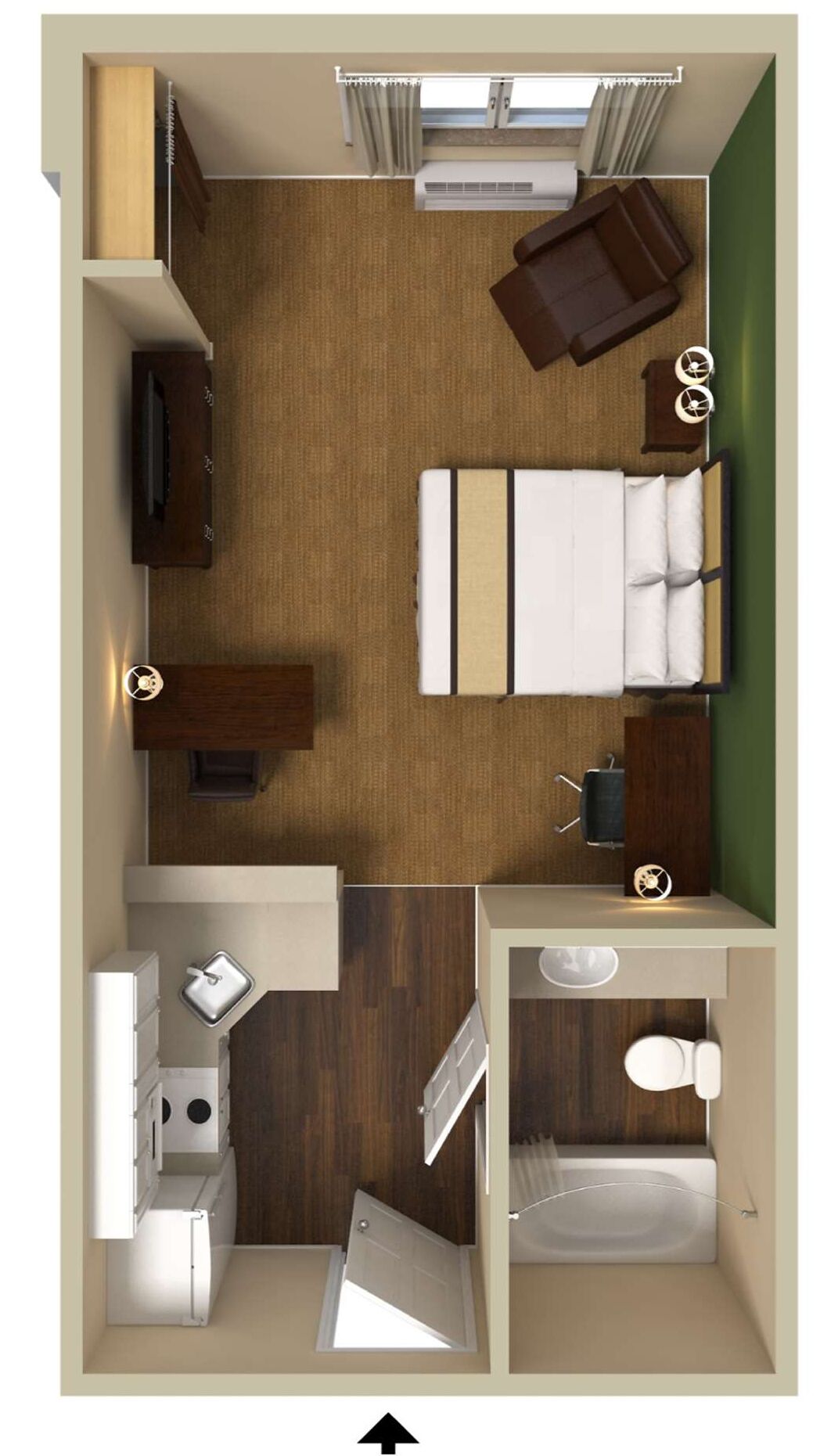 Une chambre d’hôtel de taille réduite, comprenant un lit, un bureau, une chaise, une petite salle de bain et une fenêtre.