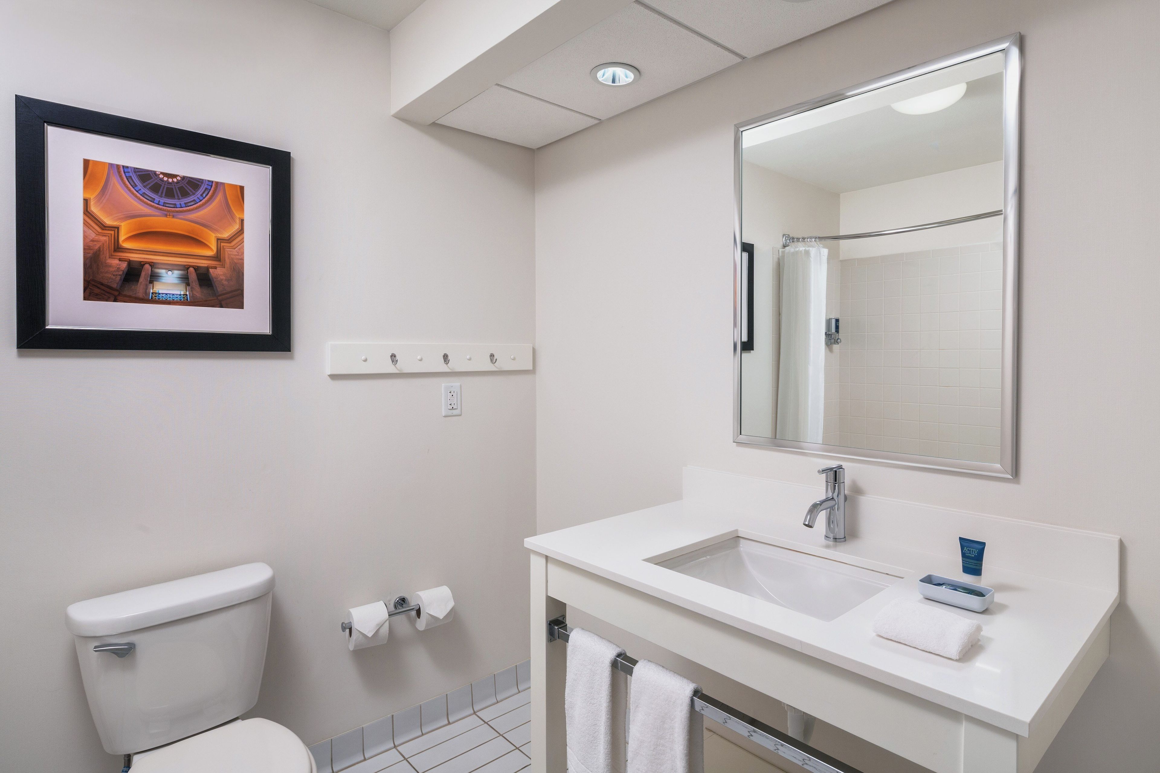 A bathroom with a toilet, sink, mirror, and a framed picture on the wall.