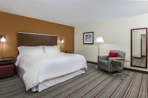 Habitación de hotel con una cama grande, una silla, un escritorio, una lámpara y un cuadro en la pared.