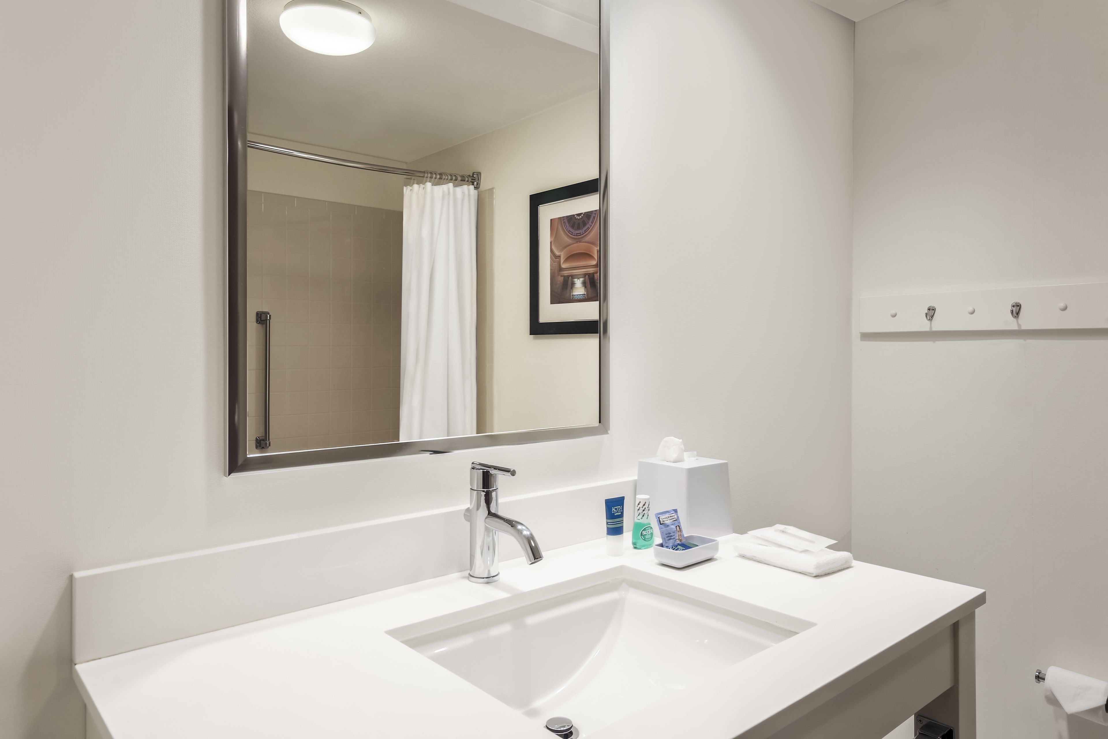 combined shower/bathtub, free toiletries, hair dryer, towels