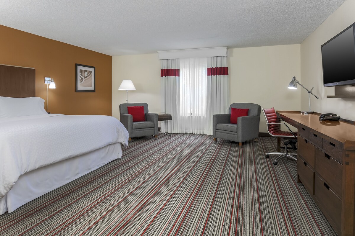 Una habitación de hotel con cama, dos sillones, escritorio, televisión y ventana con cortinas.
