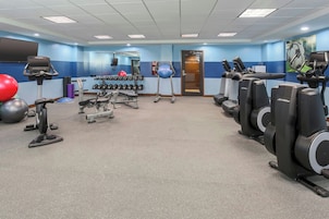 Un gimnasio con máquinas de cardio, pesas y pelotas de ejercicio.