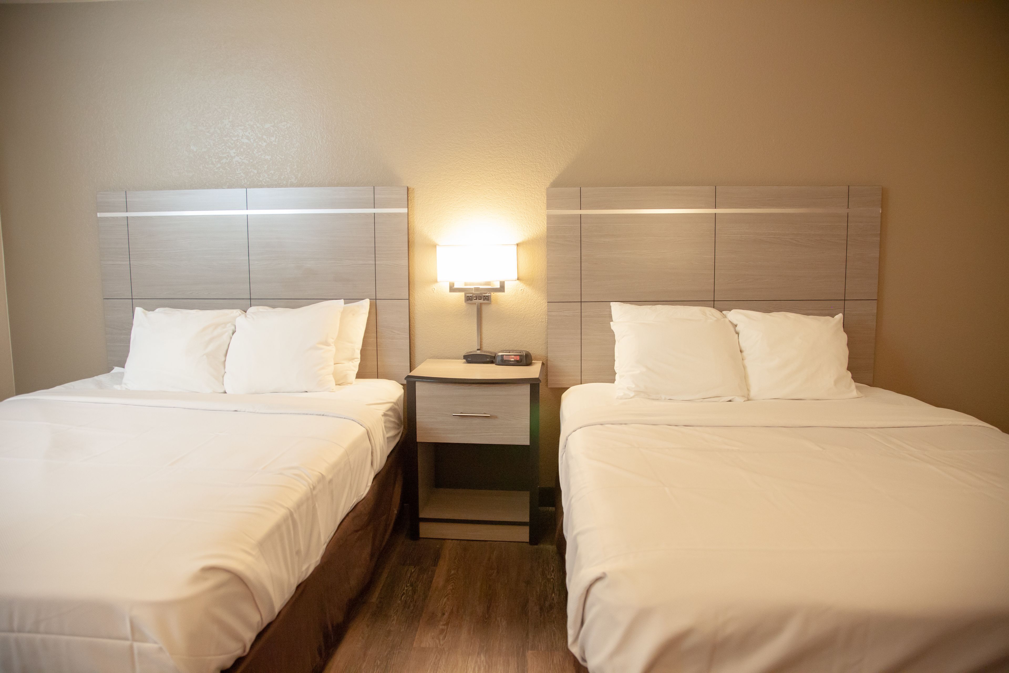 Quarto de hotel com duas camas de solteiro, mesa de cabeceira com abajur e cabeceira de madeira.