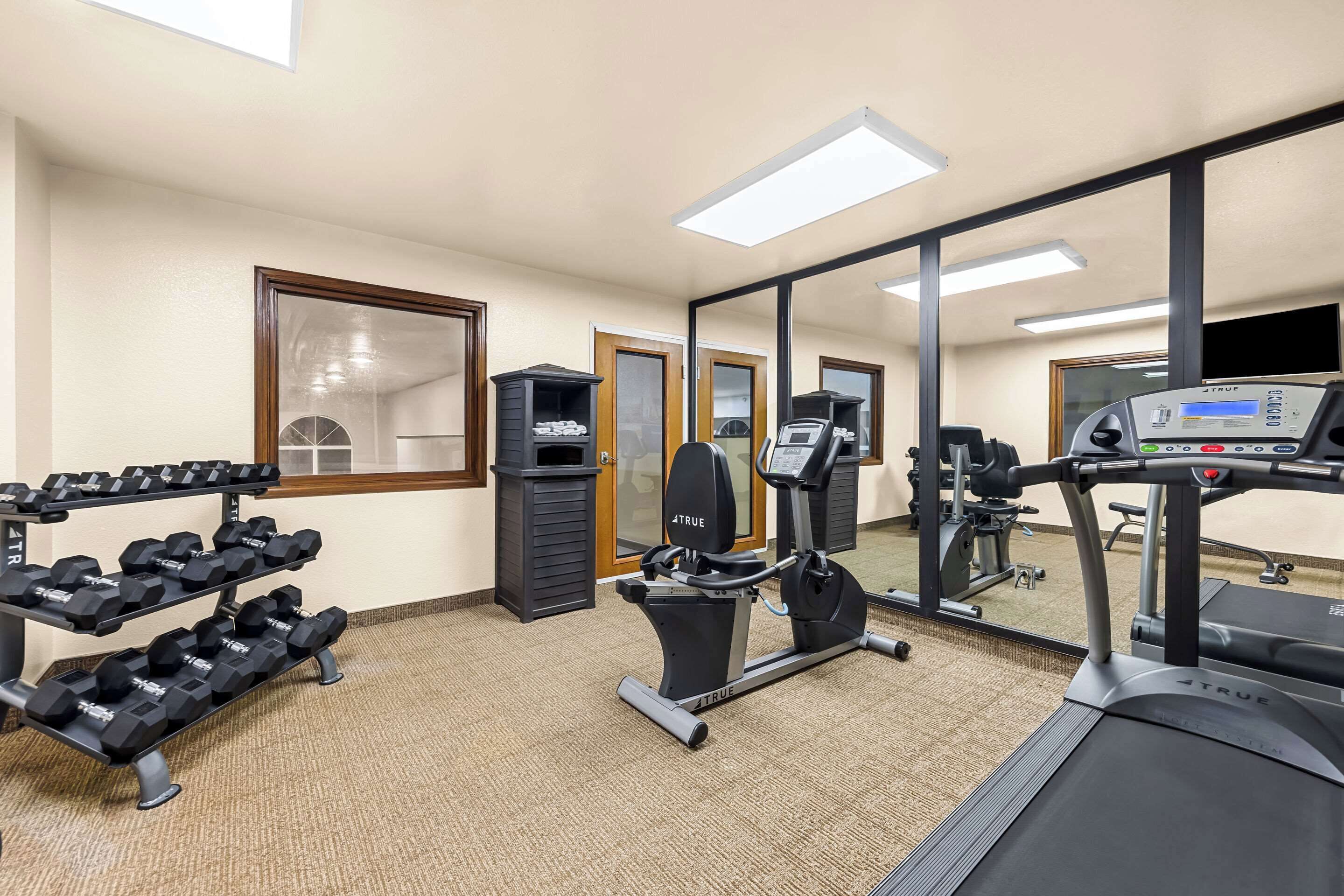 Une salle de sport équipée de tapis de course, d’haltères et d’appareils d’exercice.