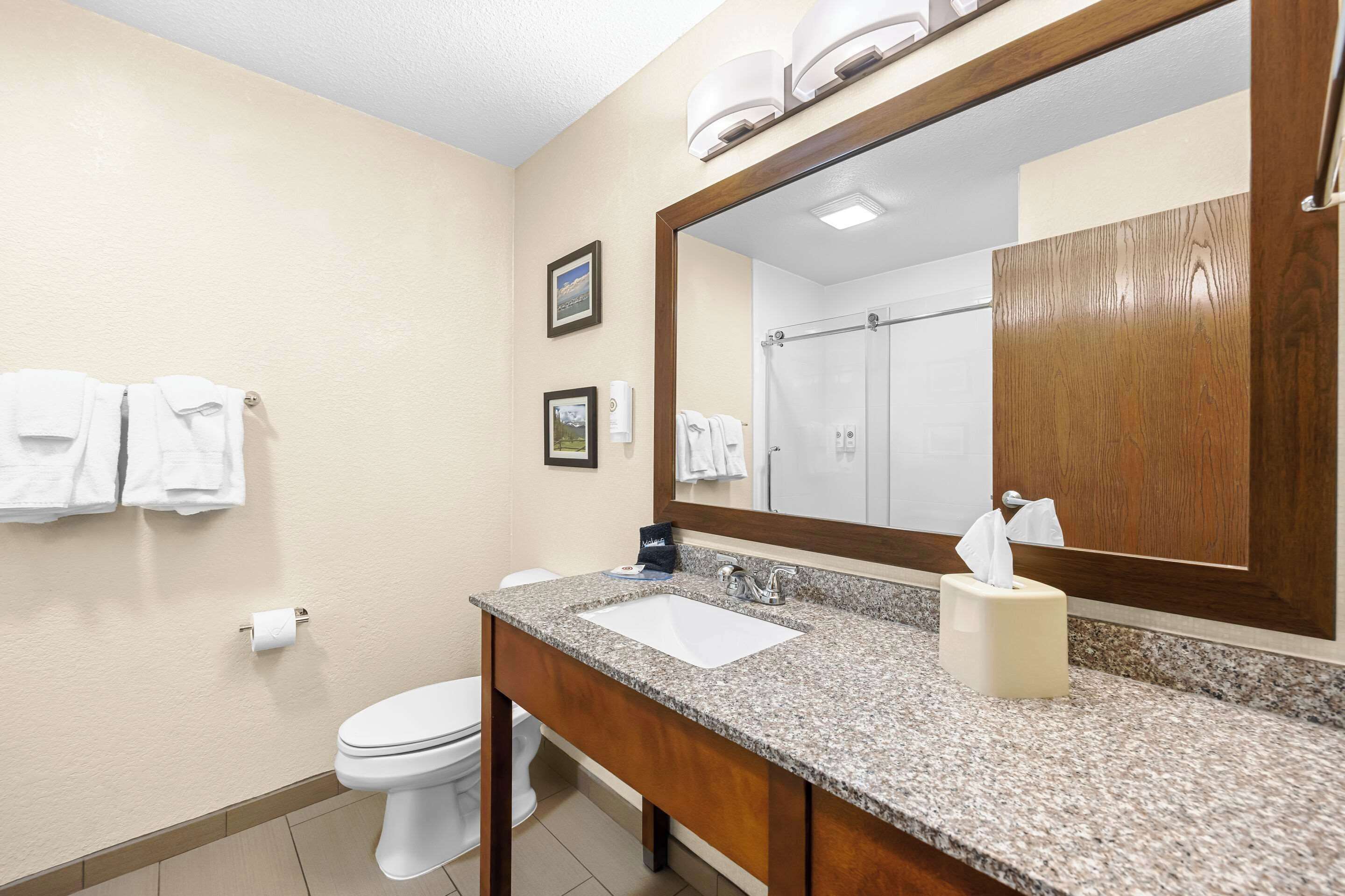 Ein Hotelbad mit Waschbecken, Spiegel und Toilette.
