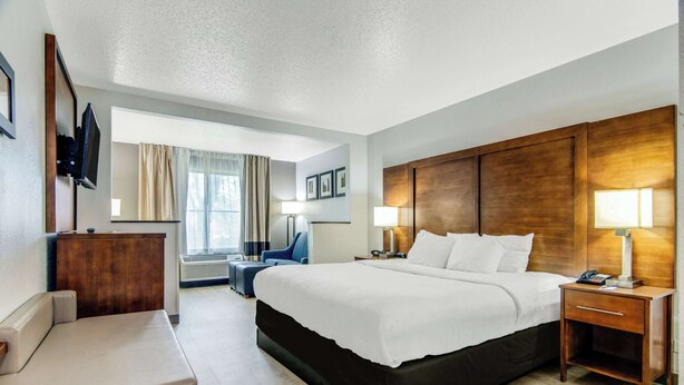 Habitación de hotel con una cama grande, mesitas de noche con lámparas, un escritorio, una silla y un televisor montado en la pared.