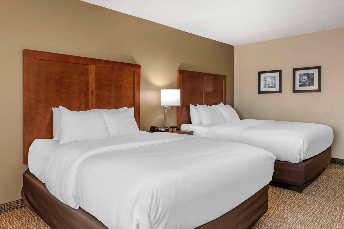 A hotel room with two beds, a nightstand with a lamp, and two framed pictures on the wall.