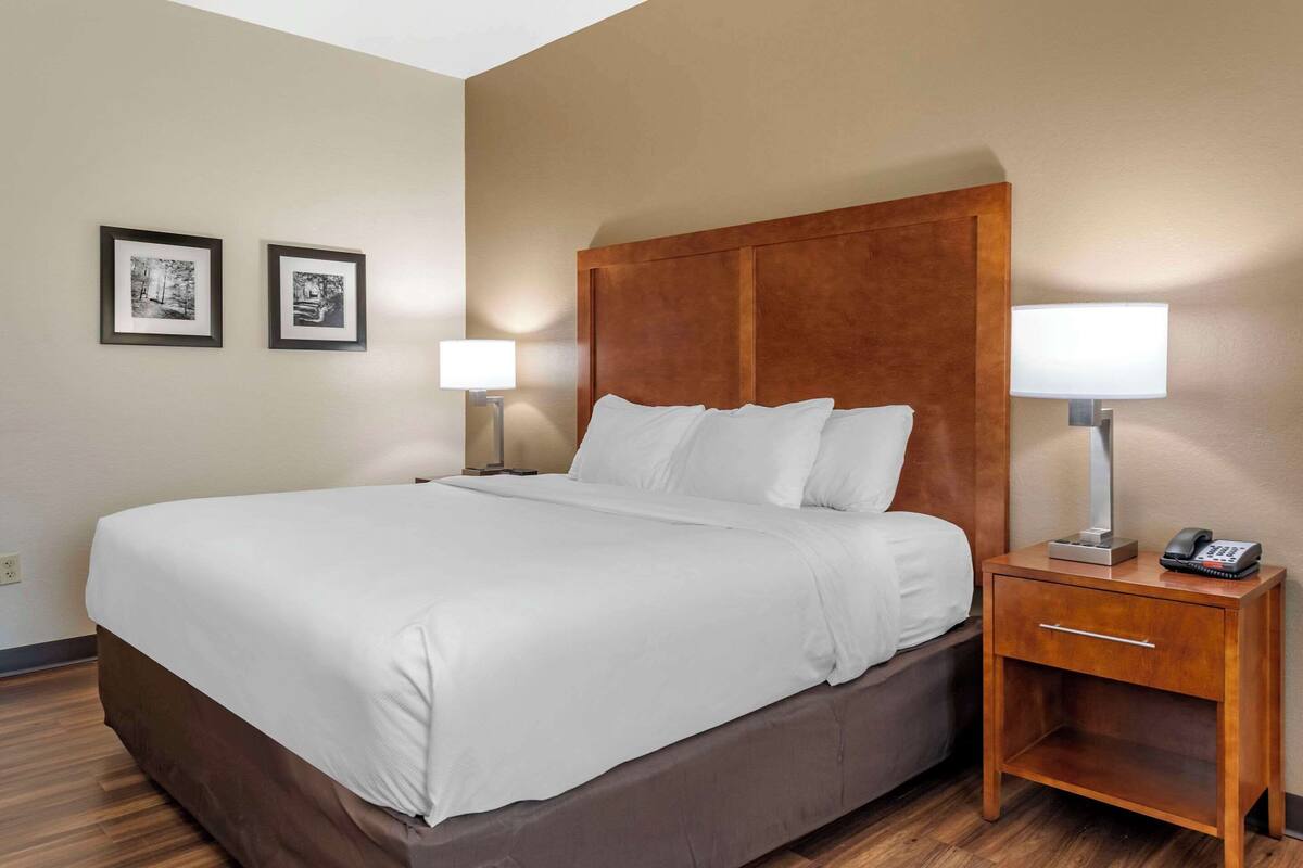 A hotel room with a large bed, two bedside lamps, a wooden nightstand, and two framed pictures on the wall.