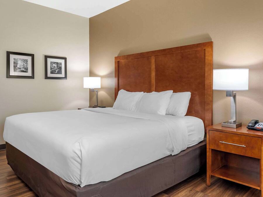 A hotel room with a large bed, two bedside lamps, a wooden nightstand, and two framed pictures on the wall.