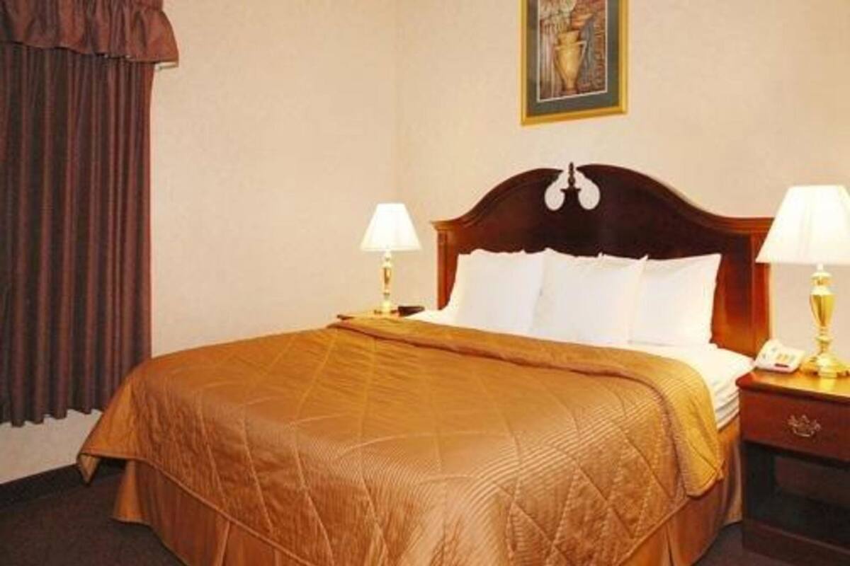 A hotel room with a large bed, two bedside lamps, a nightstand, and a painting on the wall.