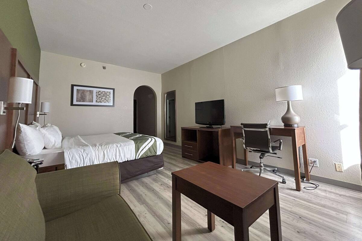 A hotel room with a bed, a desk, a chair, a television, and a lamp.