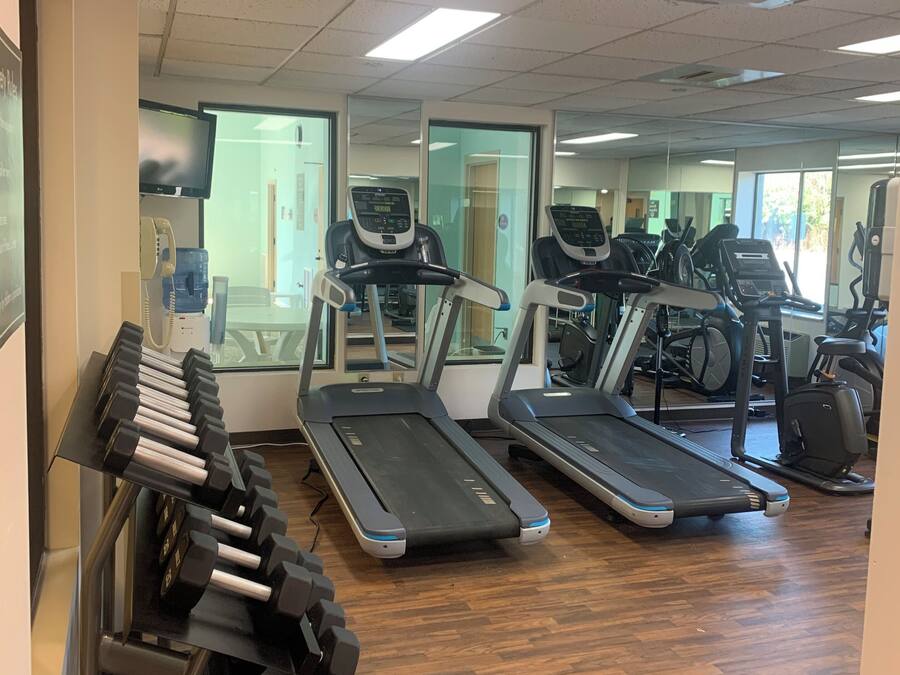A gym with treadmills, ellipticals, and a rack of dumbbells.