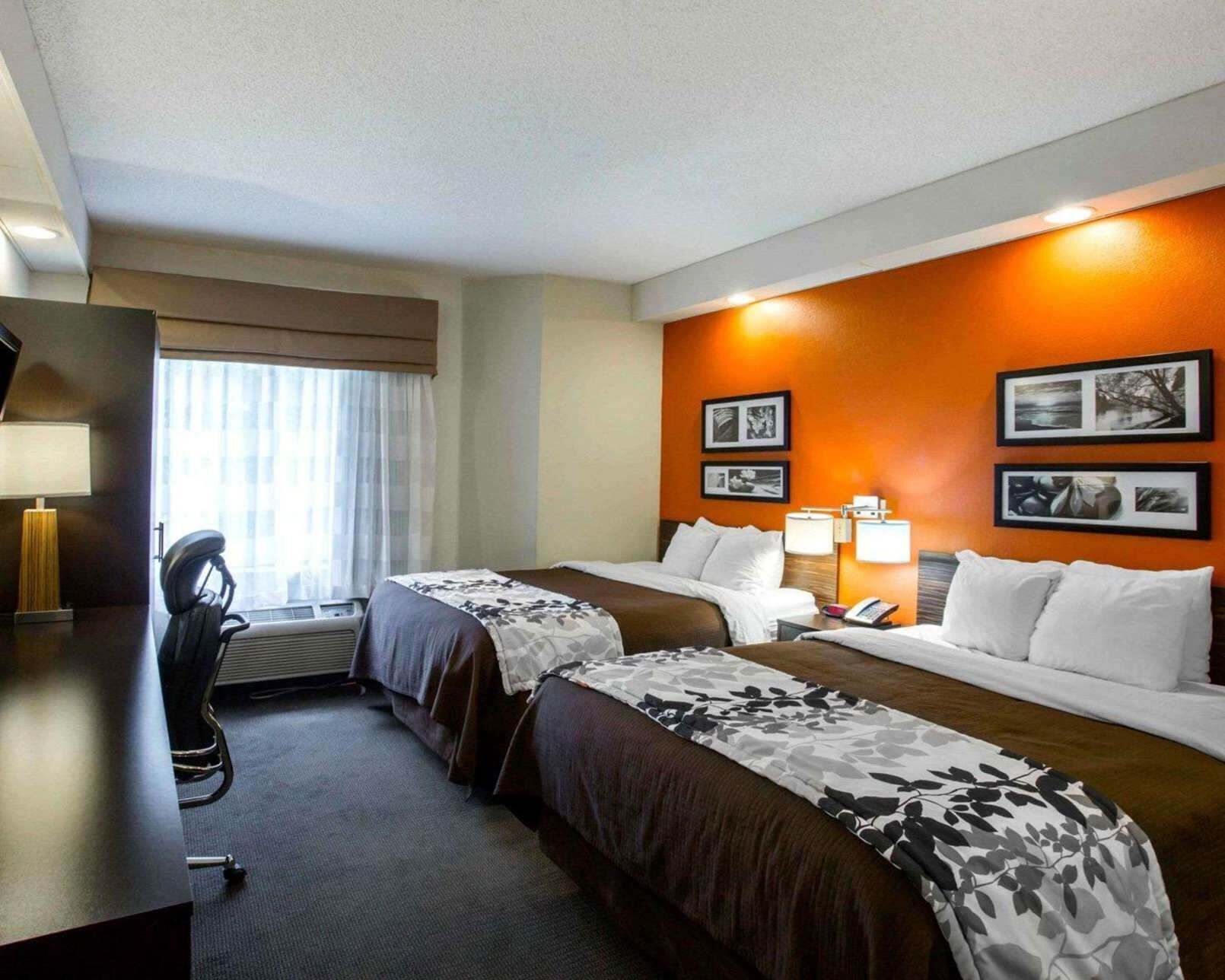 Premium bedding, pillowtop beds, desk, laptop workspace