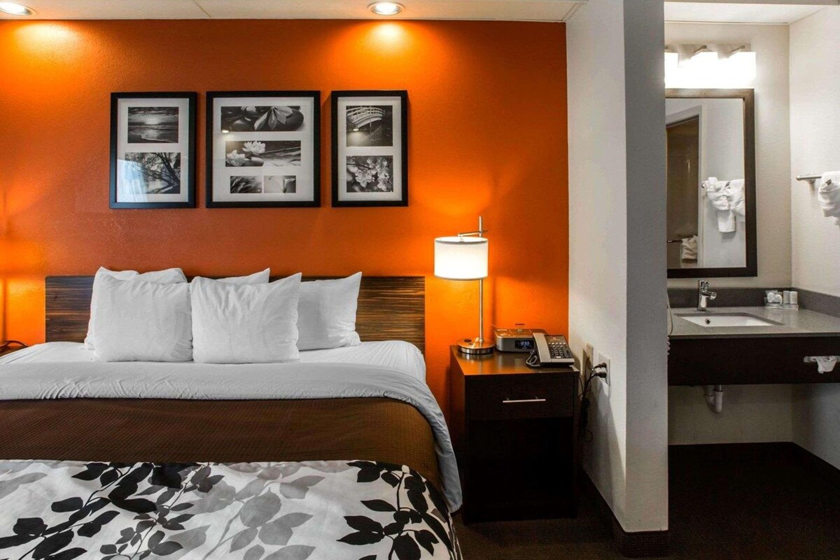 A hotel room with a bed, a nightstand with a lamp, a wall-mounted picture, and a bathroom with a sink and mirror.