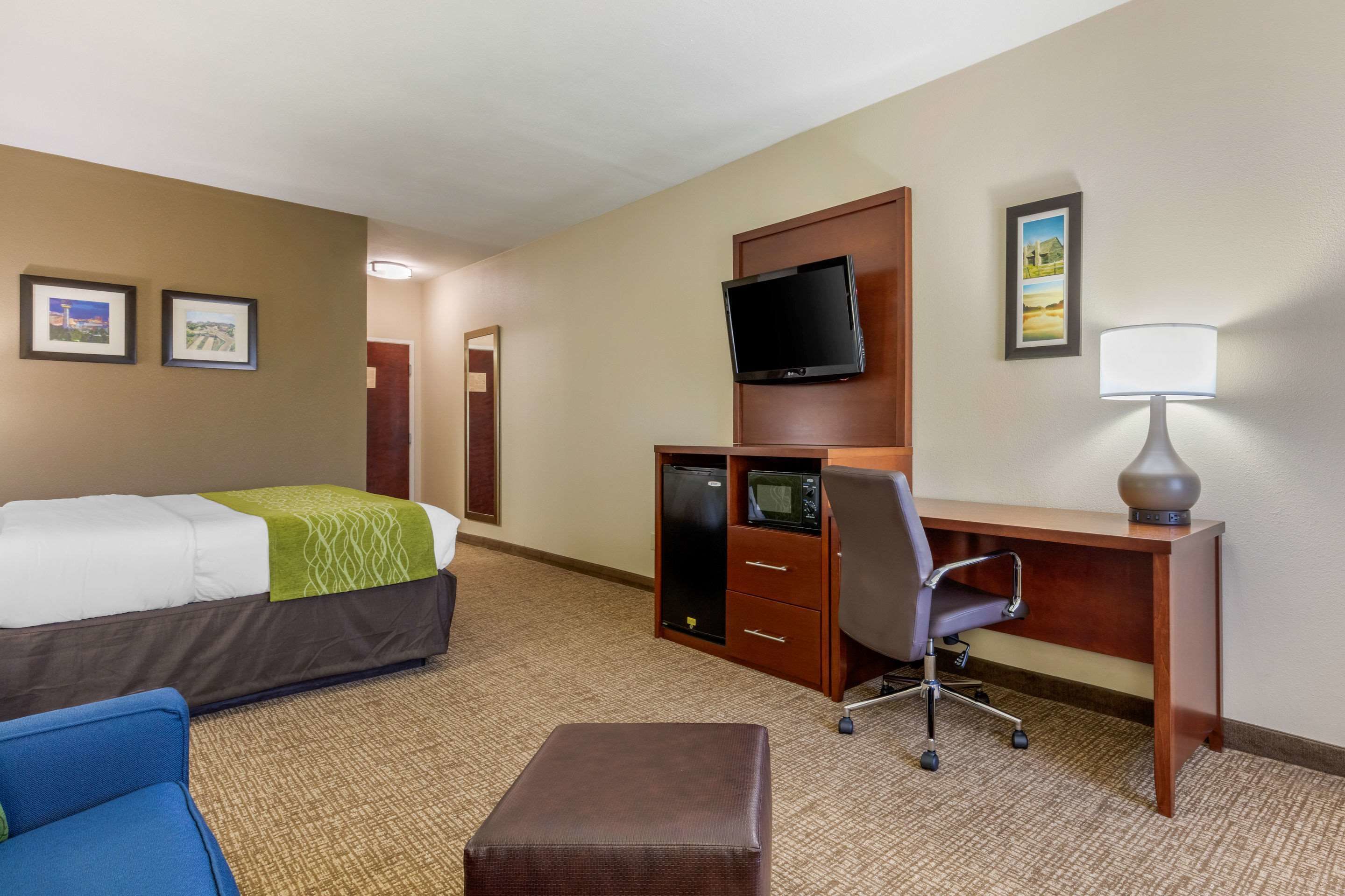 A hotel room with a bed, a desk, a chair, a TV, and a lamp.