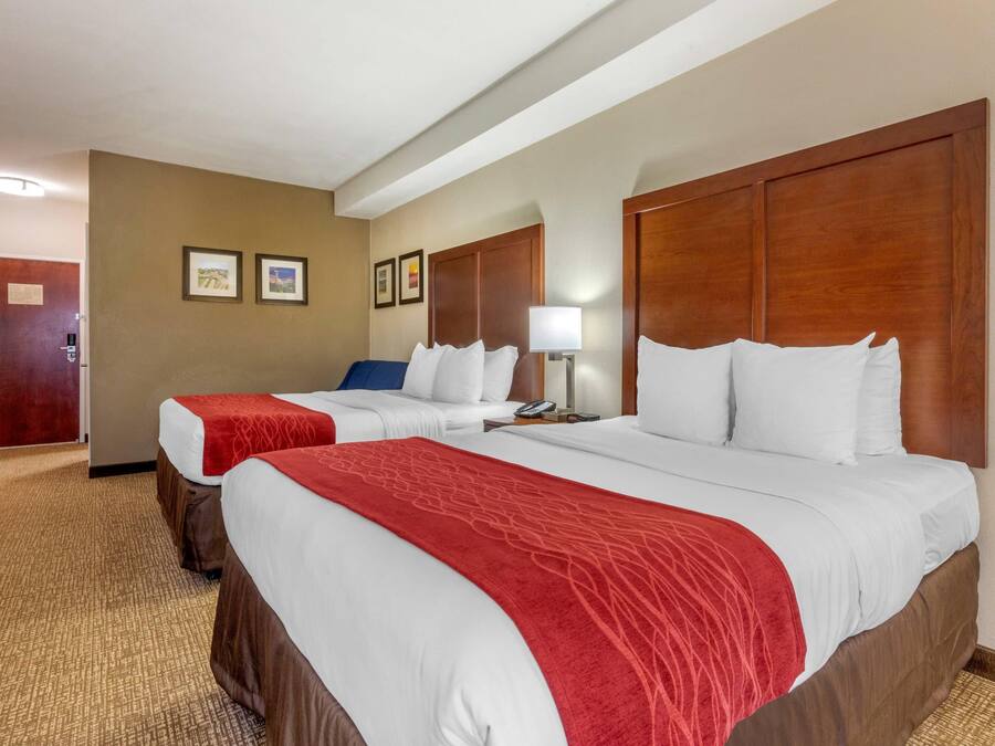 A hotel room with two beds, a wooden headboard, a carpeted floor, and a door.