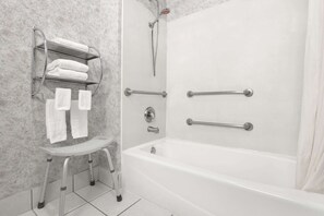 Combined shower/tub, deep soaking tub, free toiletries, hair dryer