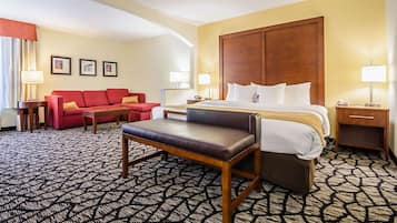 Premium bedding, pillow-top beds, desk, laptop workspace