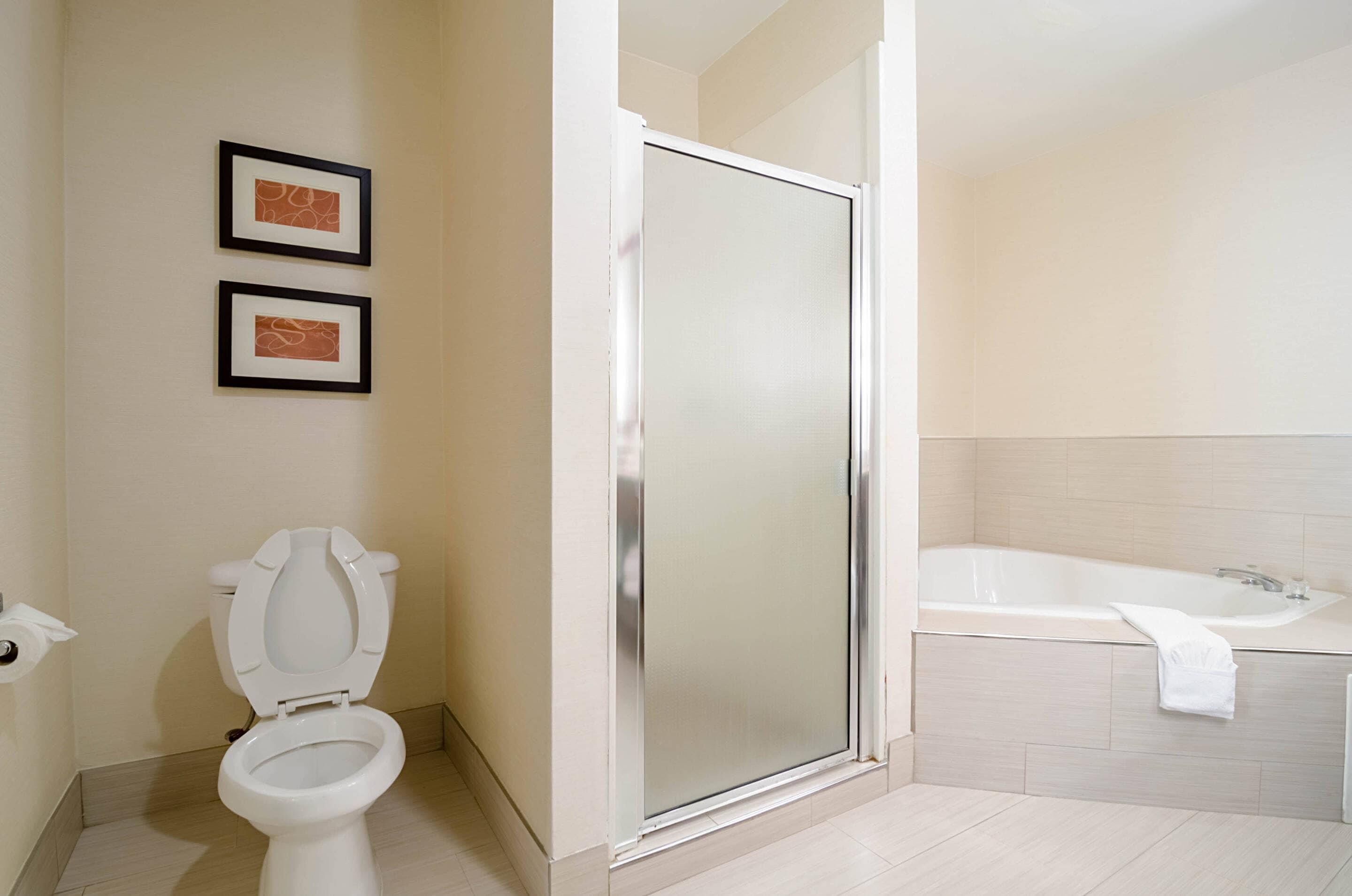 A bathroom with a toilet, a shower enclosure, and a bathtub.