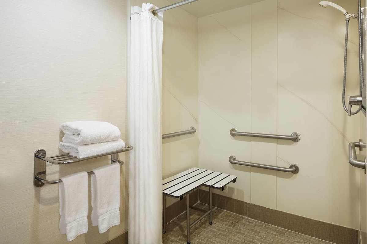 Suite estudio, 1 cama de matrimonio grande con sofá cama, accesible para personas con discapacidad | Ducha del cuarto de baño