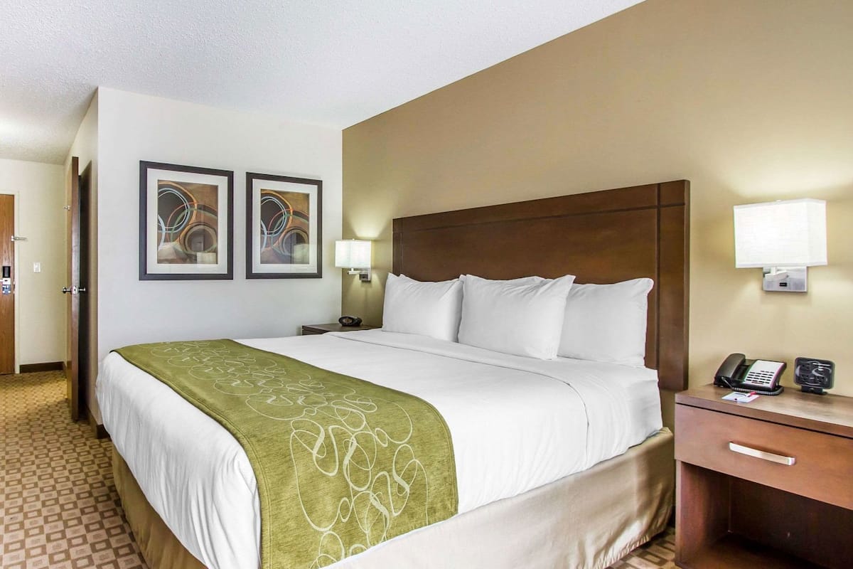 Premium bedding, desk, laptop workspace, blackout drapes