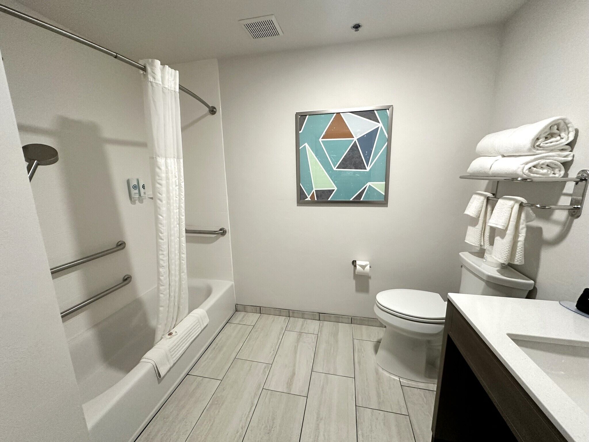 A modern bathroom with a shower, toilet, and sink.