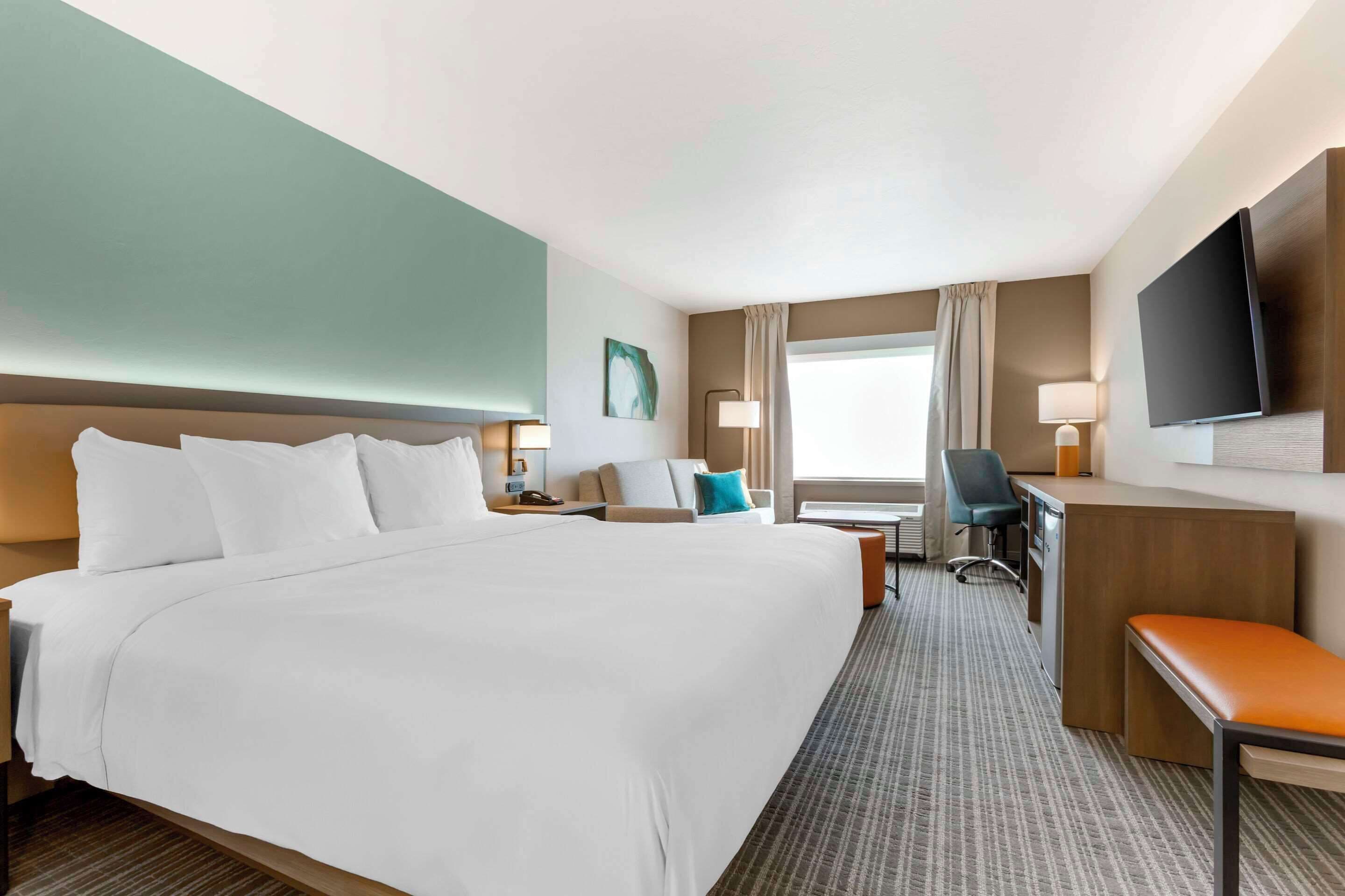 suite, 1 king bed with sofa bed, non smoking | premium bedding, desk, laptop workspace, blackout curtains