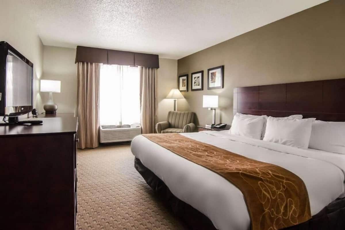 Habitación de hotel con una cama grande, un escritorio, una silla, un televisor y una ventana con cortinas.