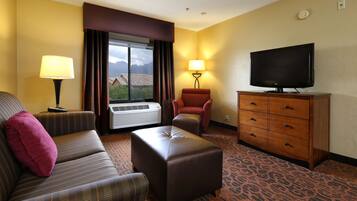 Une chambre d’hôtel équipée d’un canapé, d’un pouf, d’un fauteuil, d’une télévision, d’une commode et d’une fenêtre avec des rideaux.