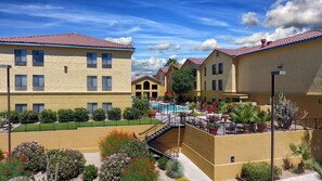 Outdoor pool, pool umbrellas, pool loungers