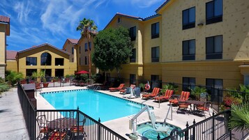 Outdoor pool, pool umbrellas, pool loungers