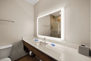 A modern bathroom with a white sink, a large mirror, and a toilet. - Holiday Inn Express Hotel & Suites Limon I-70 by IHG (Limon)