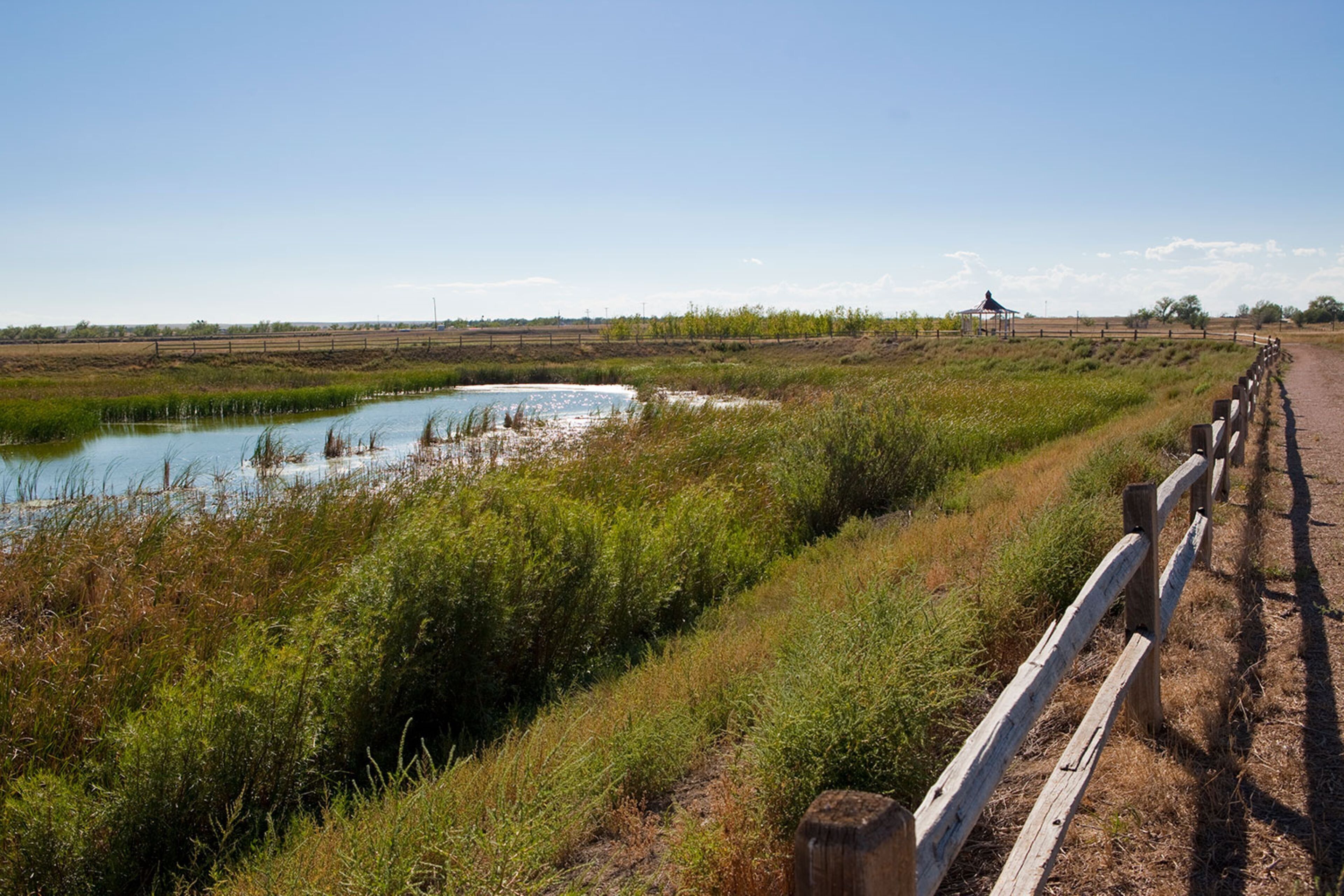 A rural landscape with a dirt path, a wooden fence, and a small structure in the distance.