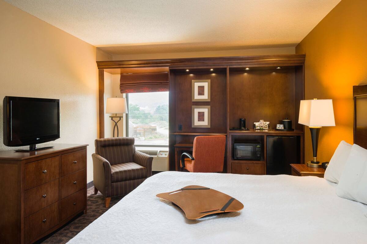 A hotel room with a bed, a TV, a desk, a chair, a lamp, and a microwave.