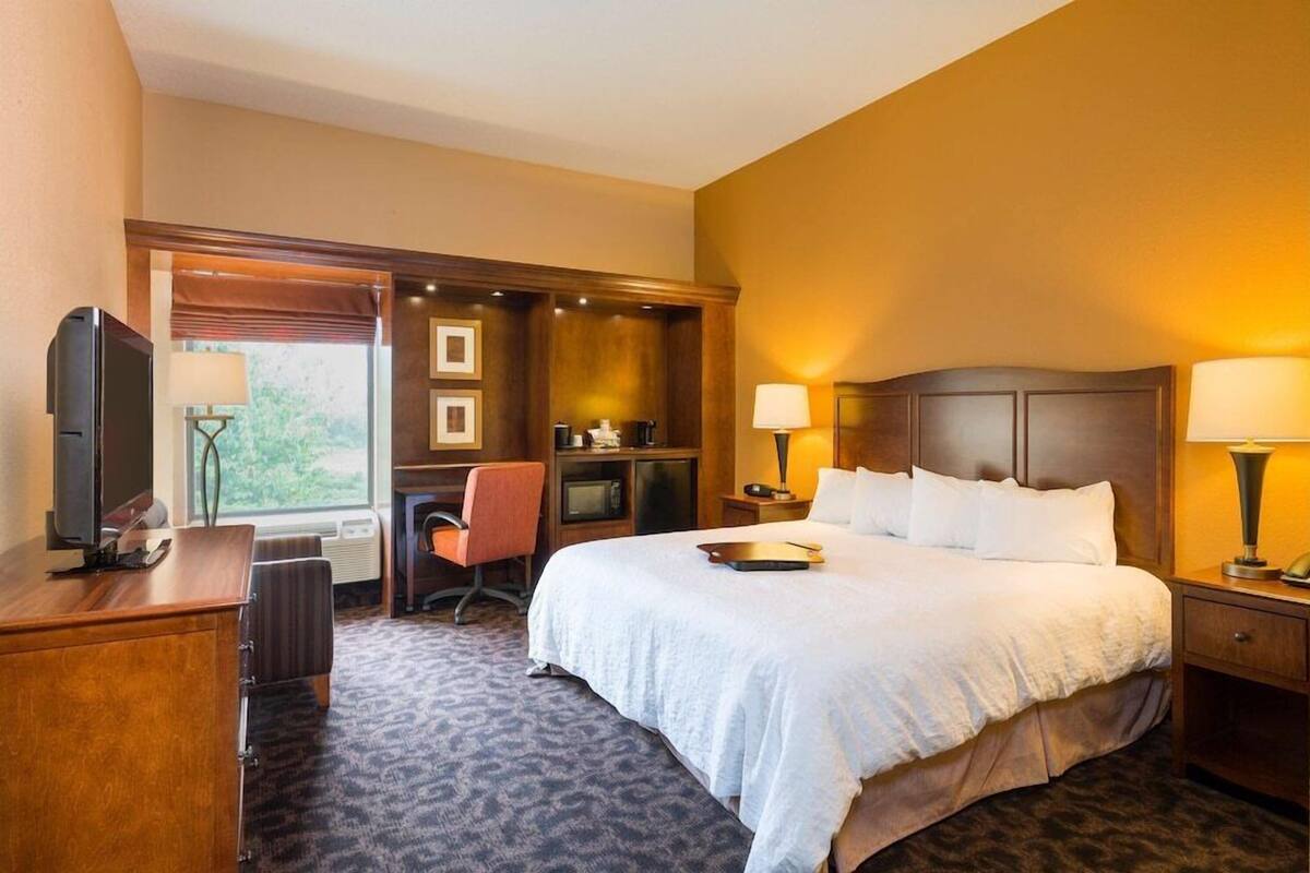 A hotel room with a large bed, a desk with a computer, a TV, and a window with a view of greenery.