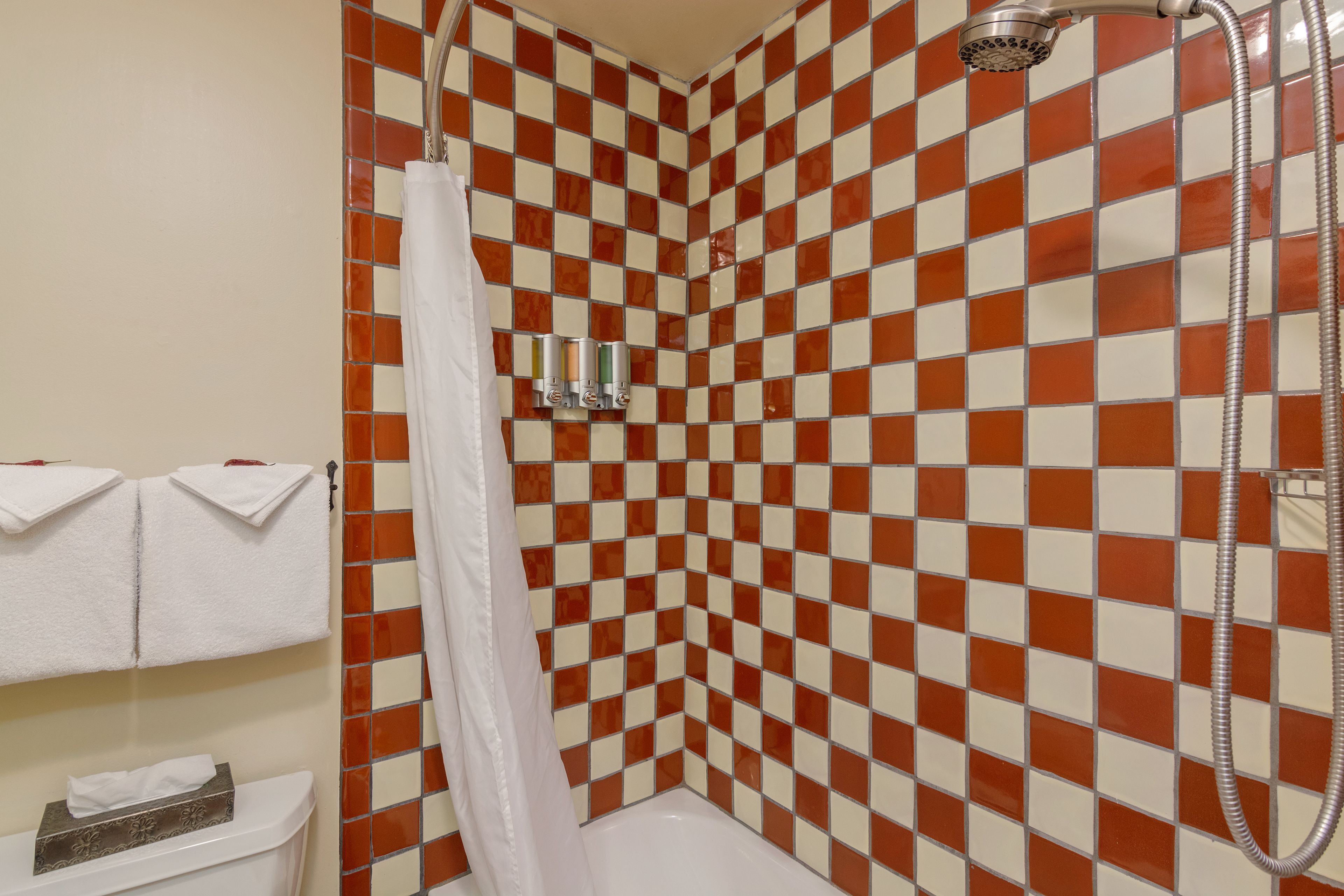 A bathroom with a checkered tile wall, a shower, and a toilet with a tissue box.