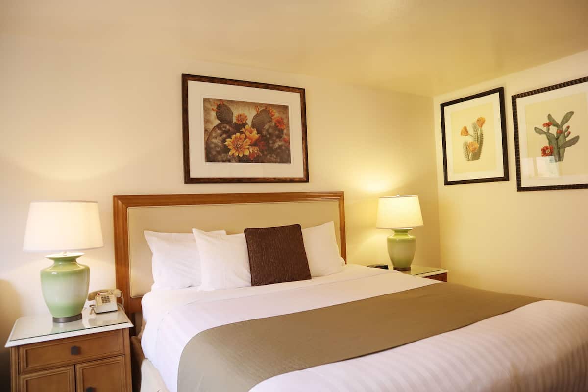 A hotel room with a large bed, two bedside tables with lamps, a telephone, and framed artwork on the walls.