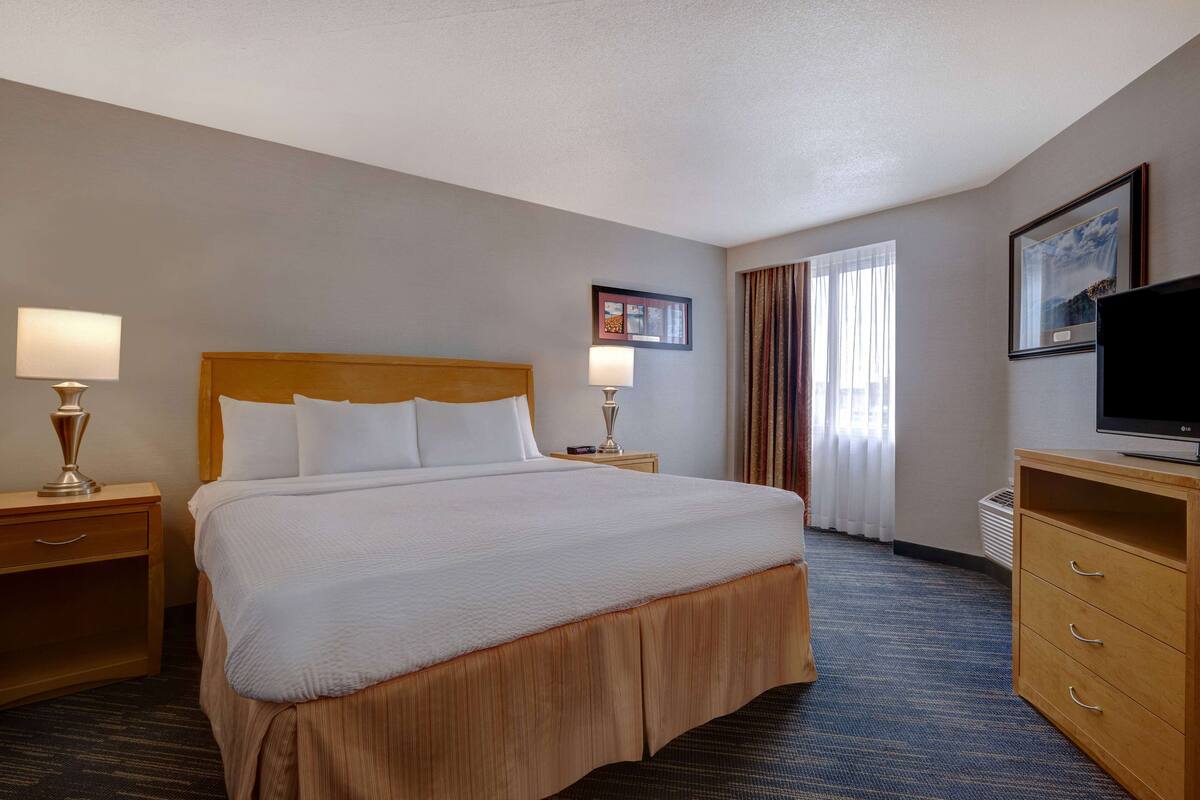 Une chambre d’hôtel avec un grand lit, deux tables de chevet avec des lampes, un téléviseur posé sur une commode en bois et une fenêtre avec des rideaux.