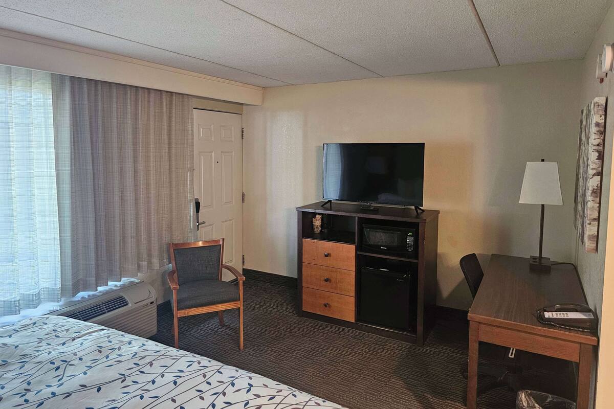 A hotel room with a bed, a desk, a chair, a TV, and a minibar.