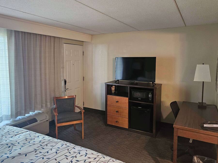 A hotel room with a bed, a desk, a chair, a TV, and a minibar.